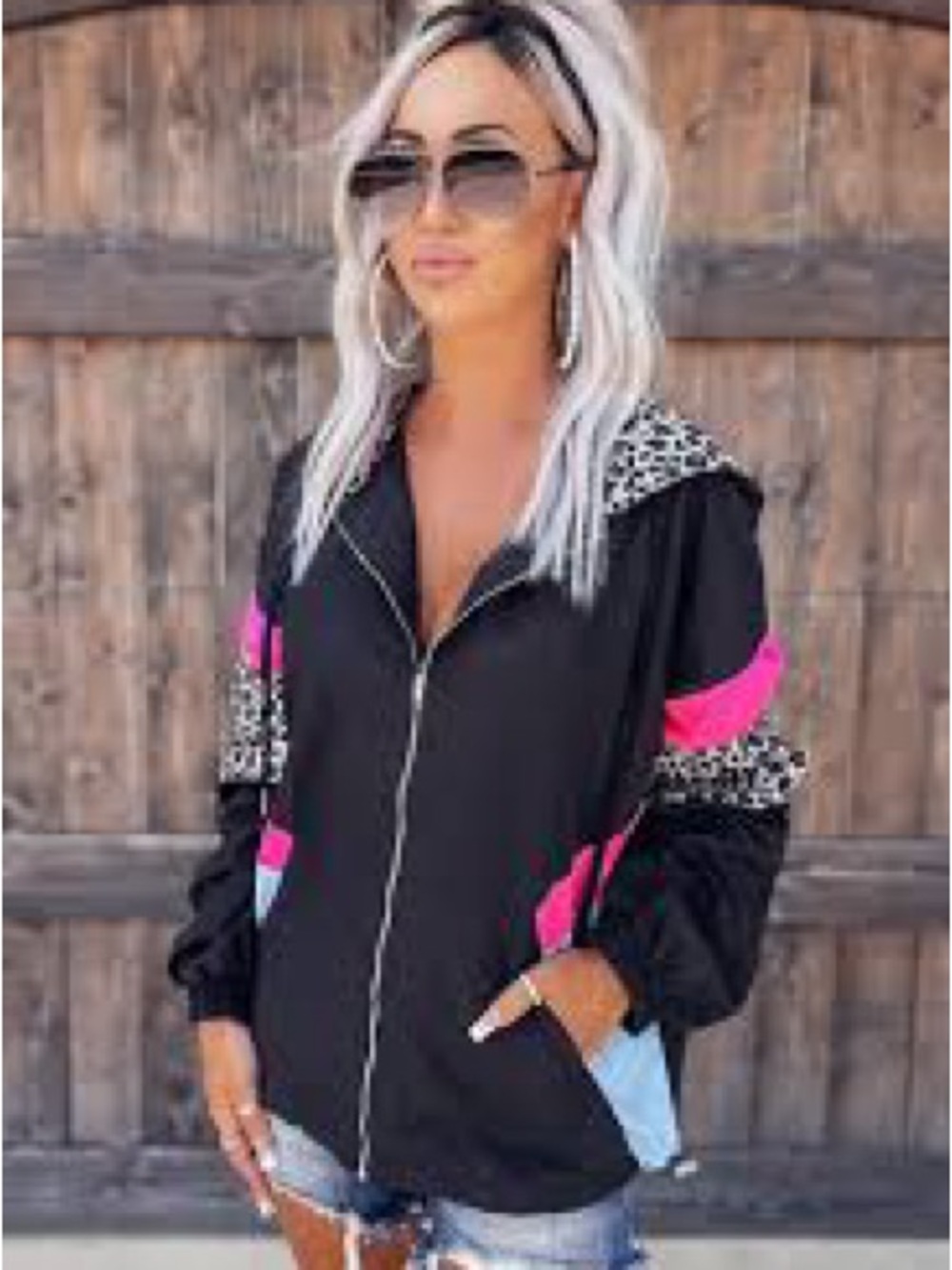 Colorblock Black & Pink Hooded Windbreaker with Leopard Trim XXL